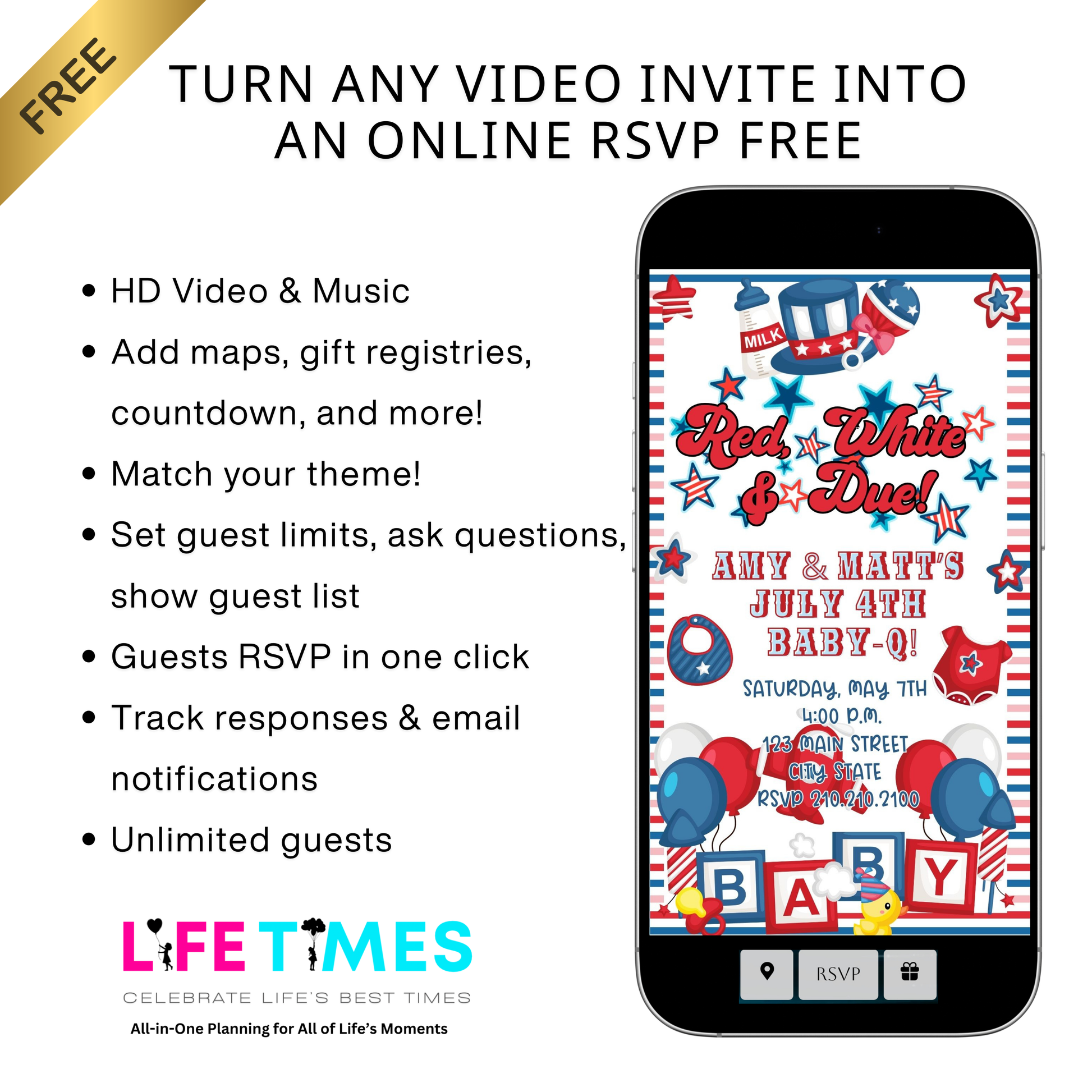 Editable red white blue 4th of july baby shower baby shower video invitation displayed on a mobile phone, featuring an animated vertical digital invite with music, created in Canva. This premium video invitation template is designed for sharing by text, email, and social media and works with an interactive RSVP website for easy guest response tracking.