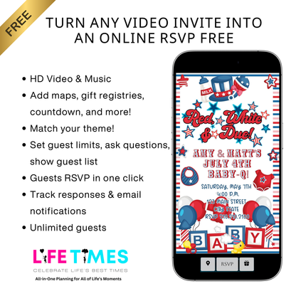 Editable red white blue 4th of july baby shower baby shower video invitation displayed on a mobile phone, featuring an animated vertical digital invite with music, created in Canva. This premium video invitation template is designed for sharing by text, email, and social media and works with an interactive RSVP website for easy guest response tracking.