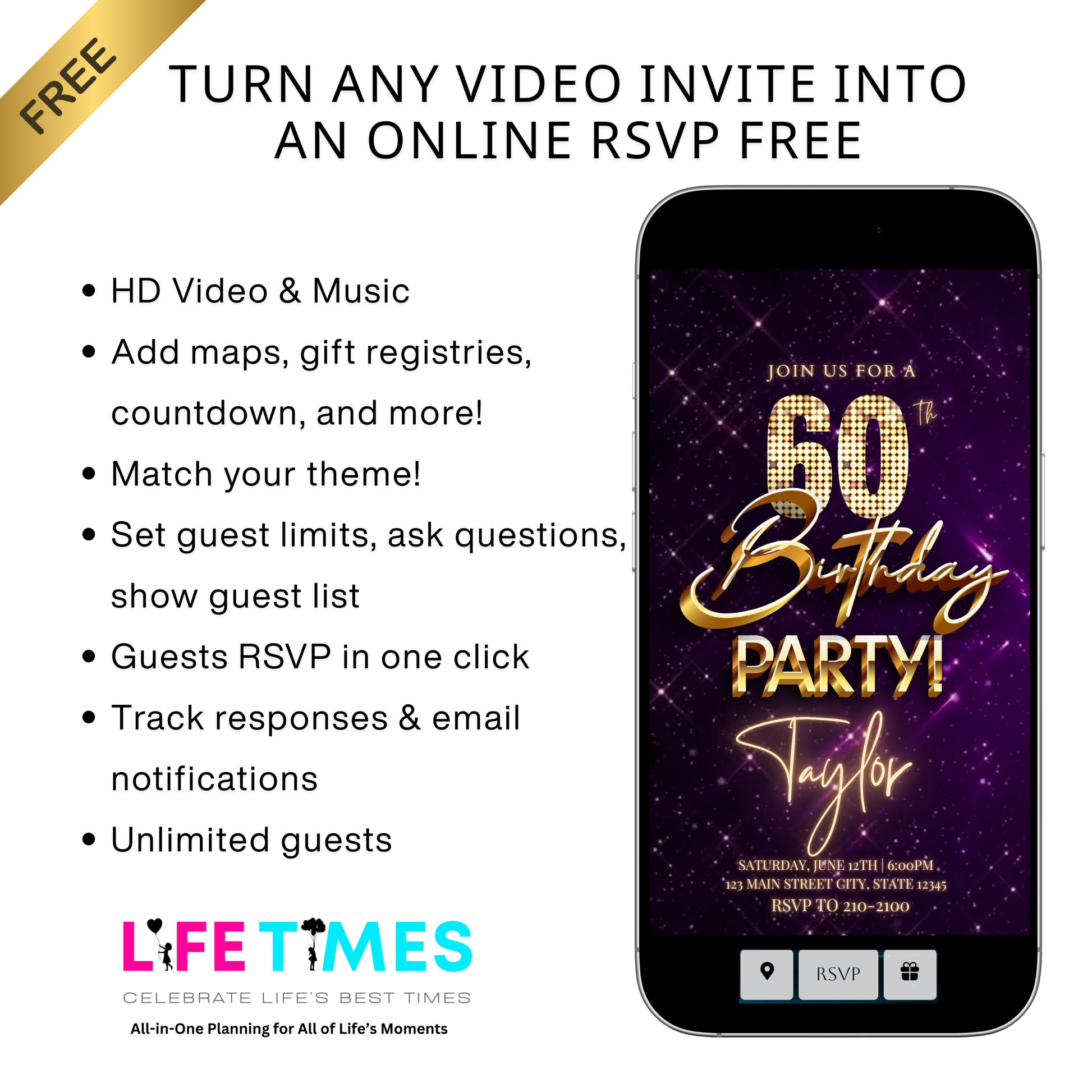 Editable purple gold sparkle 60th birthday birthday video invitation displayed on a mobile phone, featuring an animated vertical digital invite with music, created in Canva. This premium video invitation template is designed for sharing by text, email, and social media and works with an interactive RSVP website for easy guest response tracking.