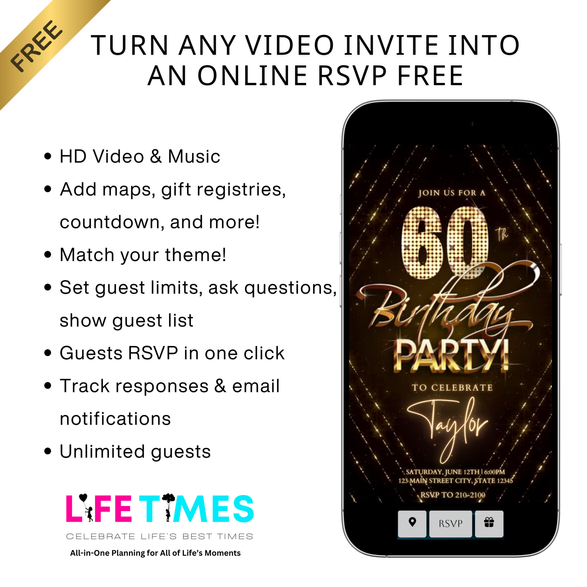 Editable gold glitter 60th birthday birthday video invitation displayed on a mobile phone, featuring an animated vertical digital invite with music, created in Canva. This premium video invitation template is designed for sharing by text, email, and social media and works with an interactive RSVP website for easy guest response tracking.