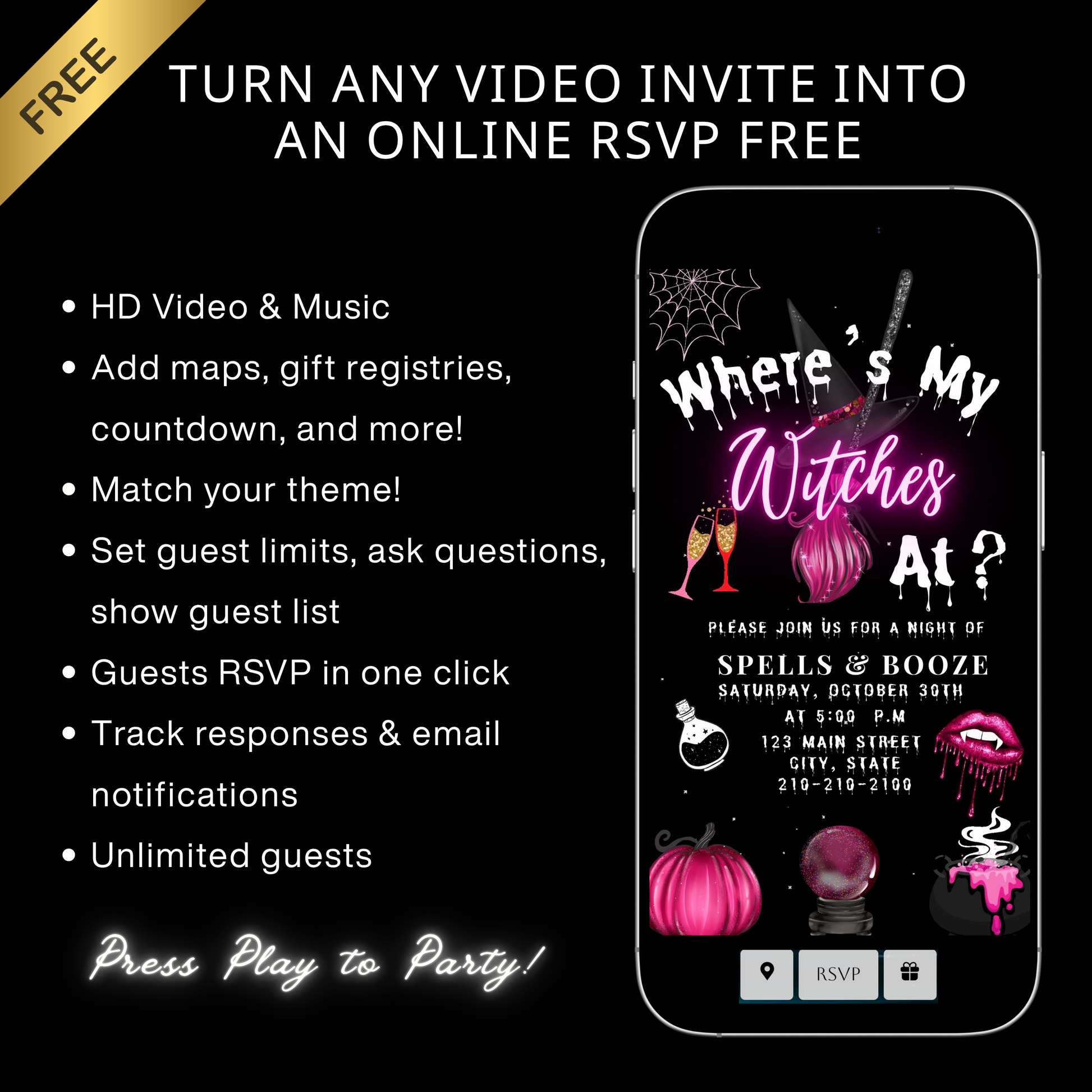 Editable pink witches halloween party party video invitation displayed on a mobile phone, featuring an animated vertical digital invite with music, created in Canva. This premium video invitation template is designed for sharing by text, email, and social media and works with an interactive RSVP website for easy guest response tracking.
