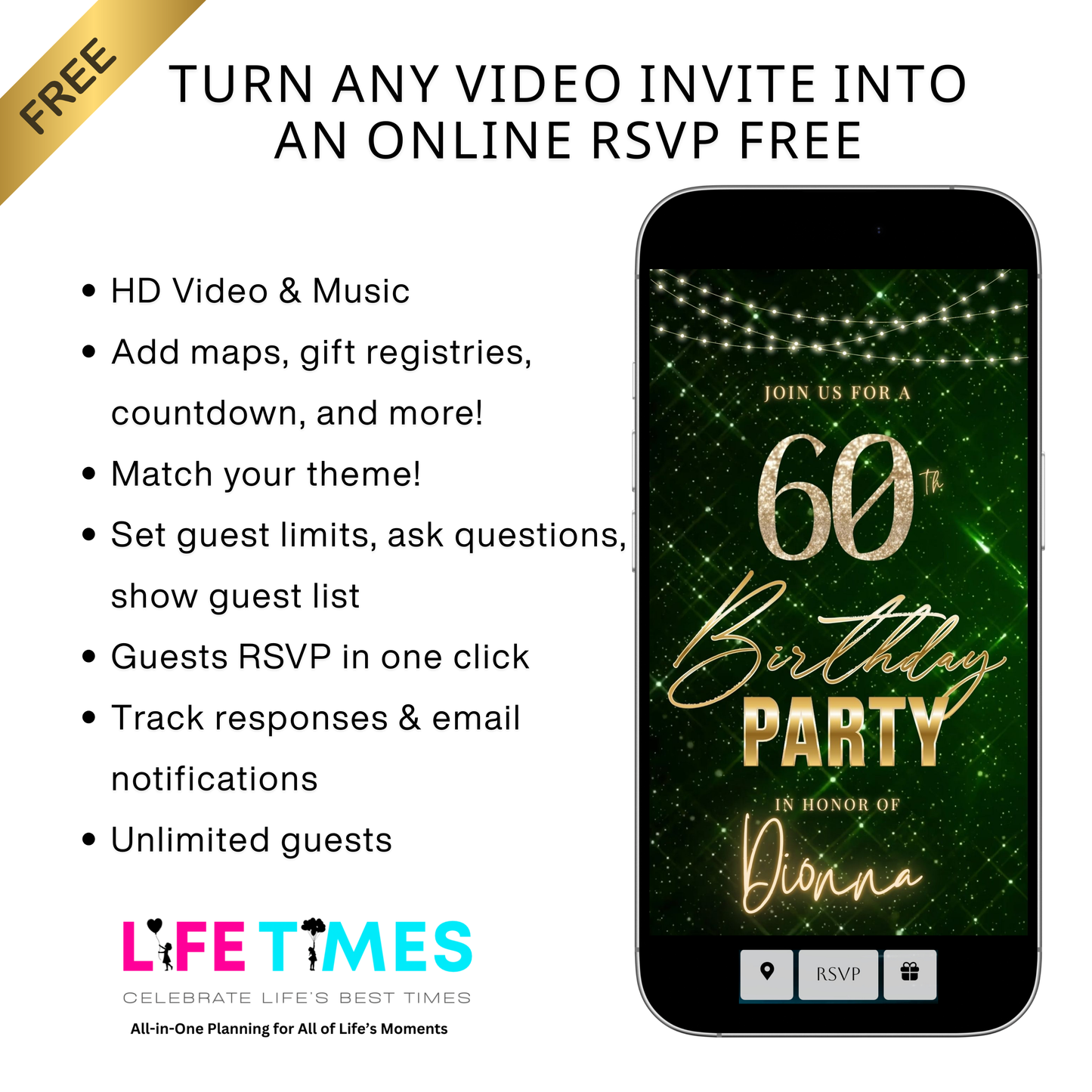 Editable emerald green gold 60th birthday birthday video invitation displayed on a mobile phone, featuring an animated vertical digital invite with music, created in Canva. This premium video invitation template is designed for sharing by text, email, and social media and works with an interactive RSVP website for easy guest response tracking.