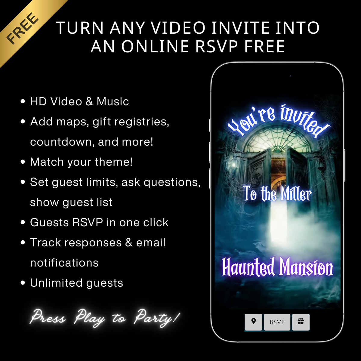 Editable haunted mansion halloween party party video invitation displayed on a mobile phone, featuring an animated vertical digital invite with music, created in Canva. This premium video invitation template is designed for sharing by text, email, and social media and works with an interactive RSVP website for easy guest response tracking.