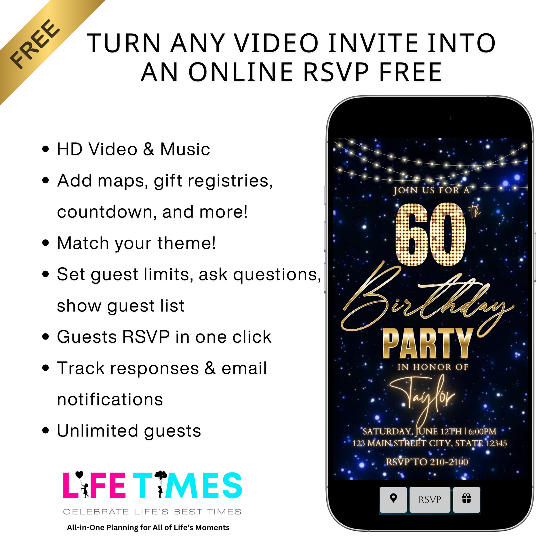 Editable navy gold starry 60th birthday birthday video invitation displayed on a mobile phone, featuring an animated vertical digital invite with music, created in Canva. This premium video invitation template is designed for sharing by text, email, and social media and works with an interactive RSVP website for easy guest response tracking.