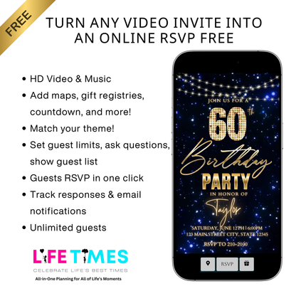 Editable navy gold starry 60th birthday birthday video invitation displayed on a mobile phone, featuring an animated vertical digital invite with music, created in Canva. This premium video invitation template is designed for sharing by text, email, and social media and works with an interactive RSVP website for easy guest response tracking.