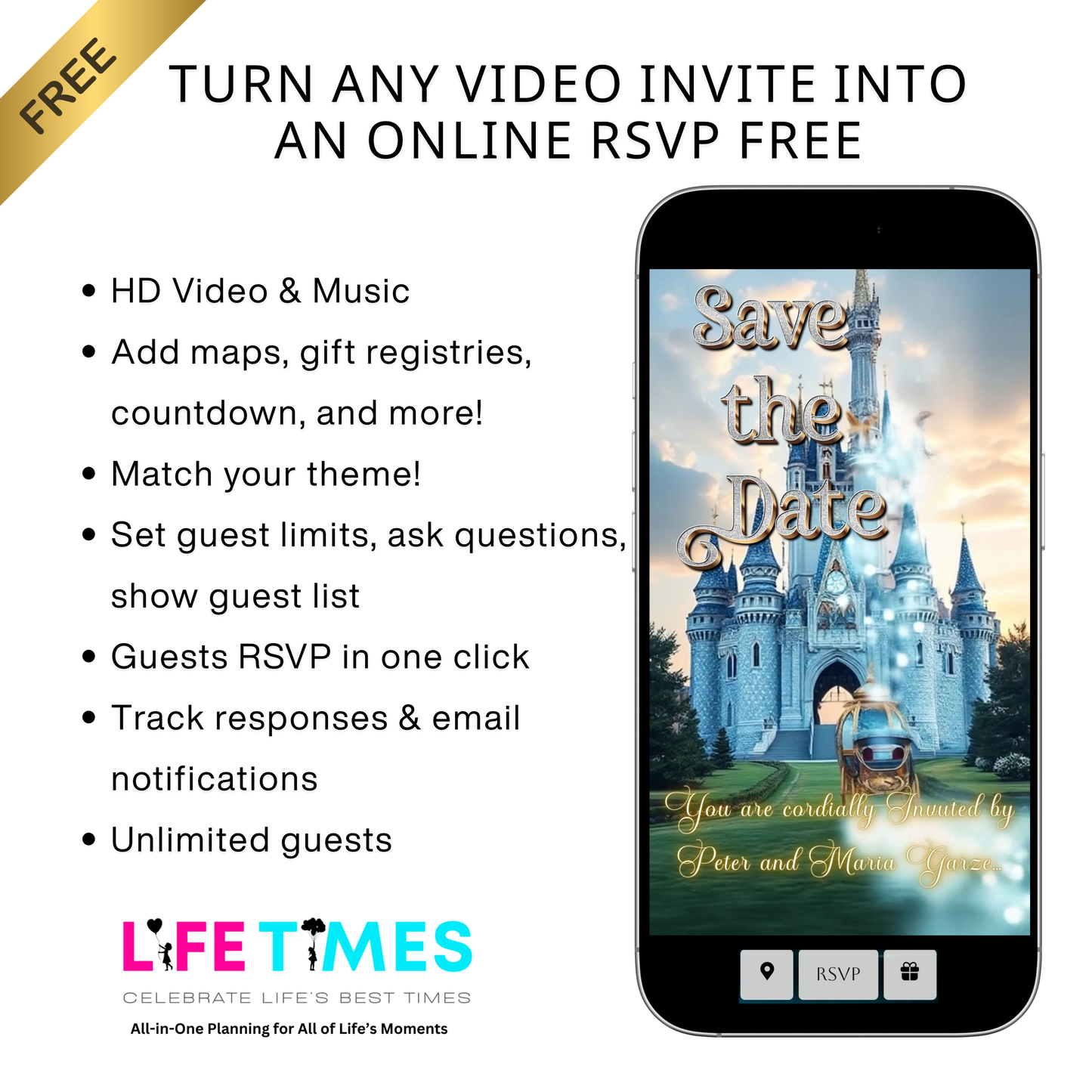 Editable cinderella fairytale quinceañera event video invitation displayed on a mobile phone, featuring an animated vertical digital invite with music, created in Canva. This premium video invitation template is designed for sharing by text, email, and social media and works with an interactive RSVP website for easy guest response tracking.