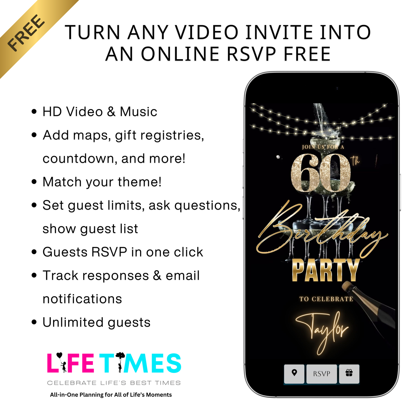 Editable black gold elegant 60th birthday birthday video invitation displayed on a mobile phone, featuring an animated vertical digital invite with music, created in Canva. This premium video invitation template is designed for sharing by text, email, and social media and works with an interactive RSVP website for easy guest response tracking.