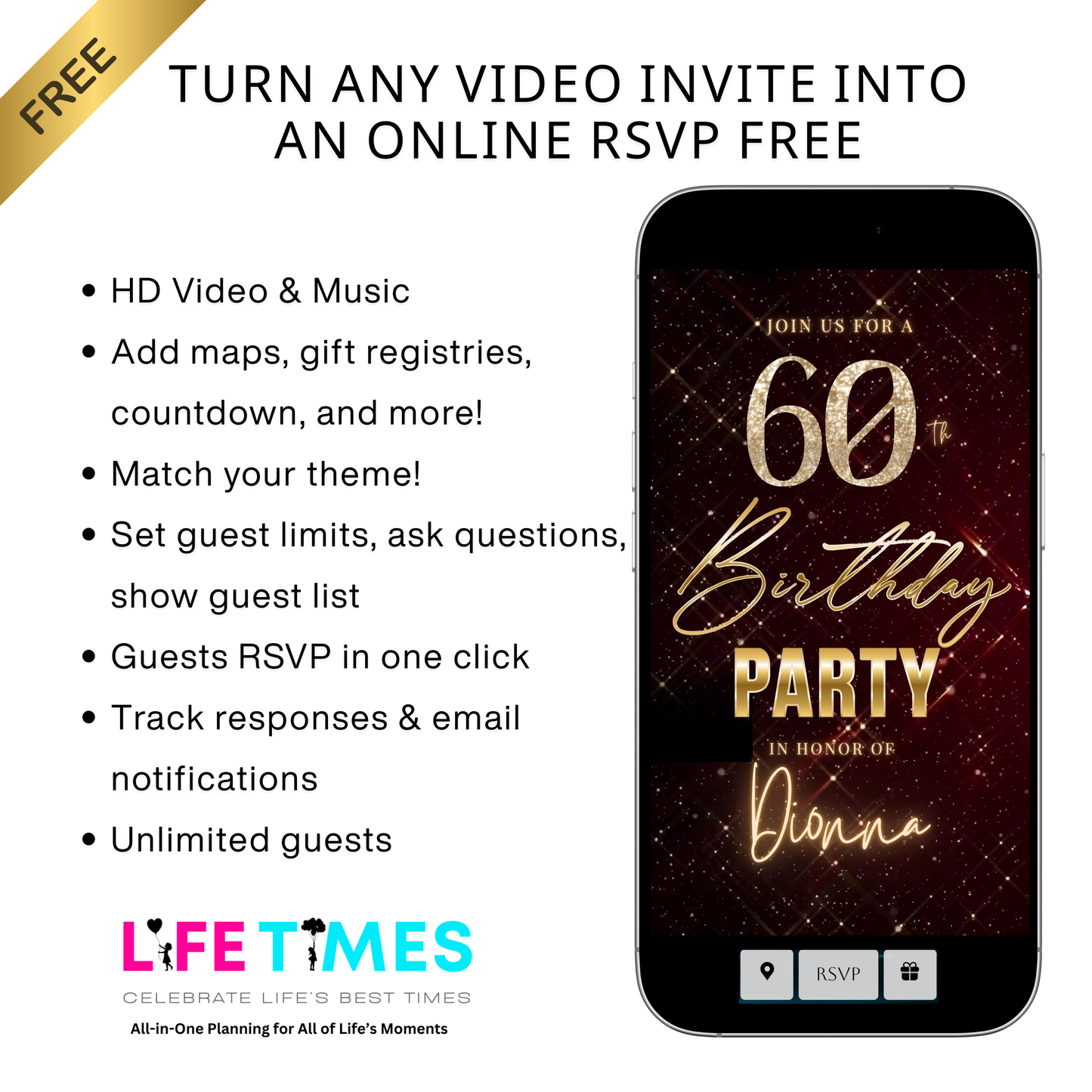 Editable maroon gold sparkle grid 60th birthday birthday video invitation displayed on a mobile phone, featuring an animated vertical digital invite with music, created in Canva. This premium video invitation template is designed for sharing by text, email, and social media and works with an interactive RSVP website for easy guest response tracking.