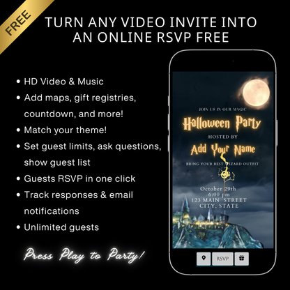 Editable wizard halloween party party video invitation displayed on a mobile phone, featuring an animated vertical digital invite with music, created in Canva. This premium video invitation template is designed for sharing by text, email, and social media and works with an interactive RSVP website for easy guest response tracking.