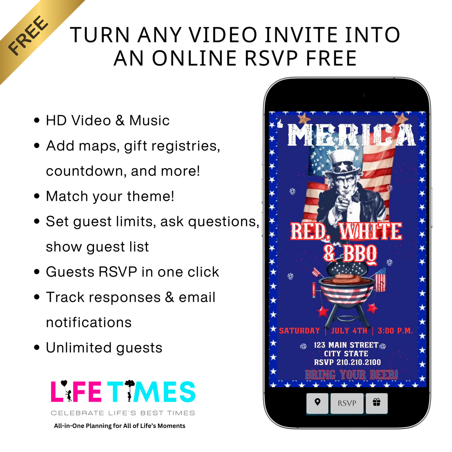 Editable red white blue bbq party party video invitation displayed on a mobile phone, featuring an animated vertical digital invite with music, created in Canva. This premium video invitation template is designed for sharing by text, email, and social media and works with an interactive RSVP website for easy guest response tracking.