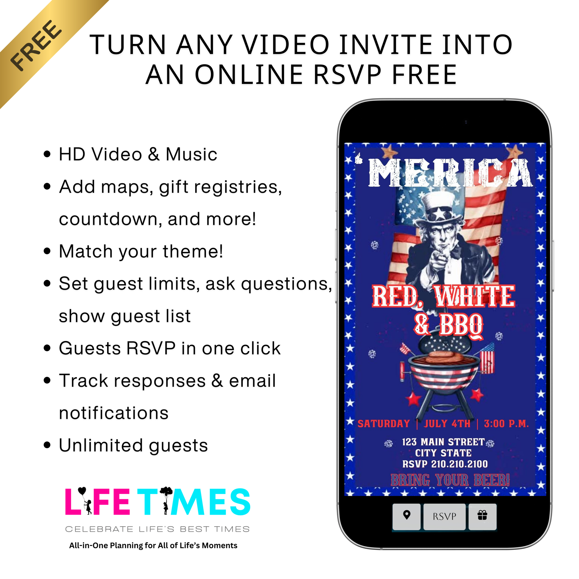 Editable red white blue bbq party party video invitation displayed on a mobile phone, featuring an animated vertical digital invite with music, created in Canva. This premium video invitation template is designed for sharing by text, email, and social media and works with an interactive RSVP website for easy guest response tracking.