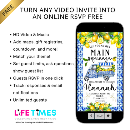 Editable amalfi lemon bridal shower bridal shower video invitation displayed on a mobile phone, featuring an animated vertical digital invite with music, created in Canva. This premium video invitation template is designed for sharing by text, email, and social media and works with an interactive RSVP website for easy guest response tracking.