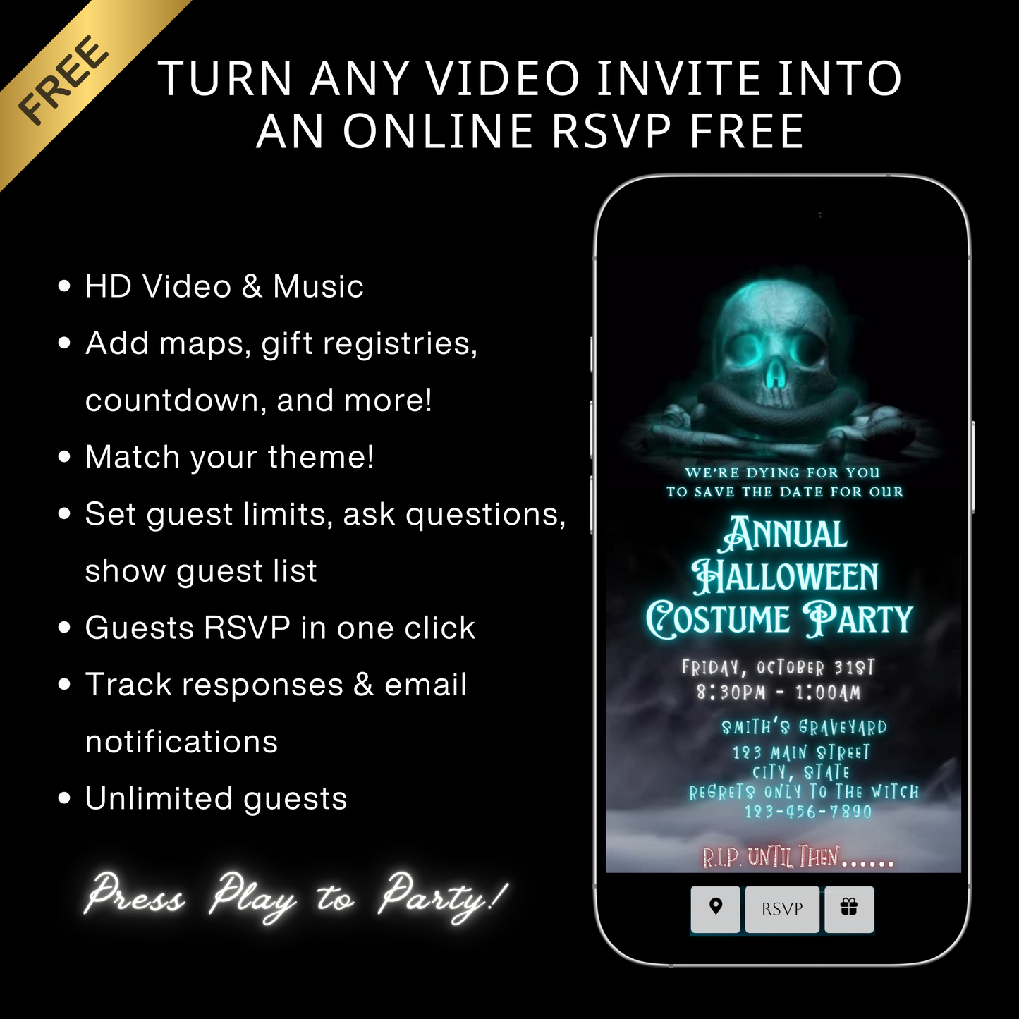 Editable spooky halloween costume party party video invitation displayed on a mobile phone, featuring an animated vertical digital invite with music, created in Canva. This premium video invitation template is designed for sharing by text, email, and social media and works with an interactive RSVP website for easy guest response tracking.