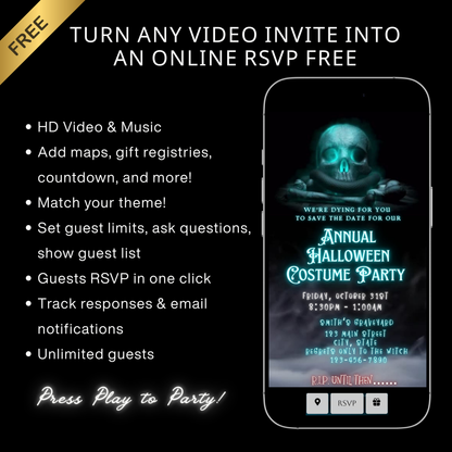 Editable spooky halloween costume party party video invitation displayed on a mobile phone, featuring an animated vertical digital invite with music, created in Canva. This premium video invitation template is designed for sharing by text, email, and social media and works with an interactive RSVP website for easy guest response tracking.