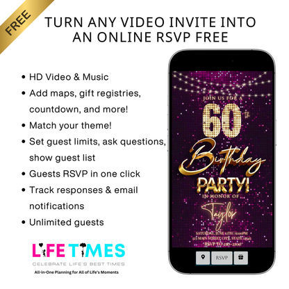 Editable violet gold sequin 60th birthday birthday video invitation displayed on a mobile phone, featuring an animated vertical digital invite with music, created in Canva. This premium video invitation template is designed for sharing by text, email, and social media and works with an interactive RSVP website for easy guest response tracking.