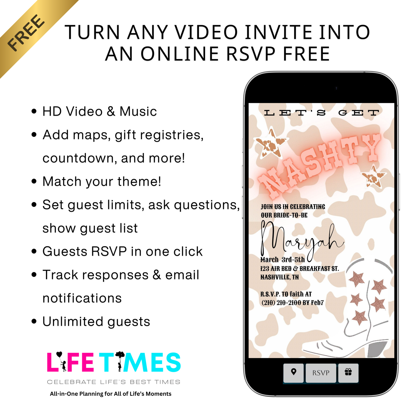 Editable cowgirl nashville bachelorette party party video invitation displayed on a mobile phone, featuring an animated vertical digital invite with music, created in Canva. This premium video invitation template is designed for sharing by text, email, and social media and works with an interactive RSVP website for easy guest response tracking.