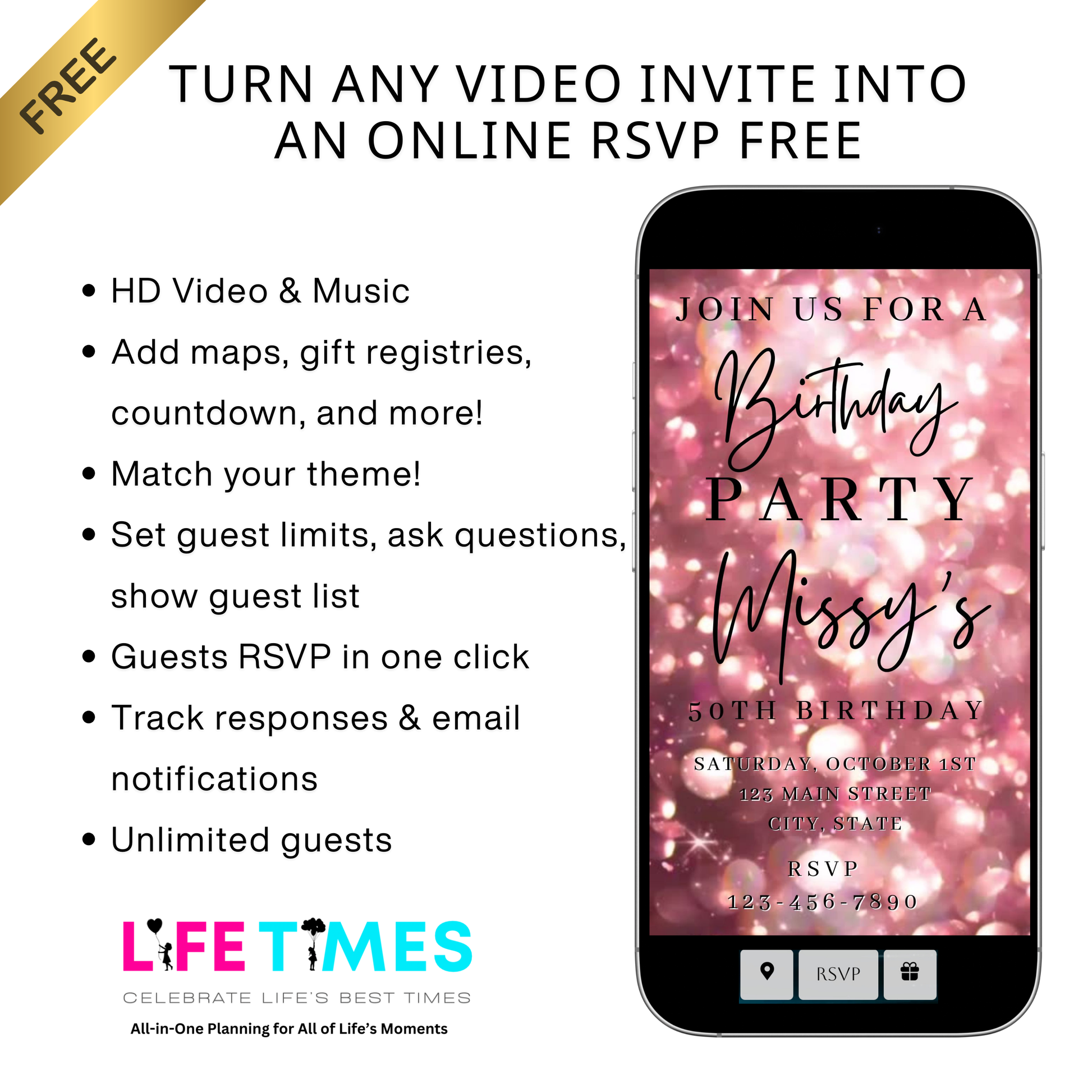 Editable rose gold bokeh 50th birthday birthday video invitation displayed on a mobile phone, featuring an animated vertical digital invite with music, created in Canva. This premium video invitation template is designed for sharing by text, email, and social media and works with an interactive RSVP website for easy guest response tracking.