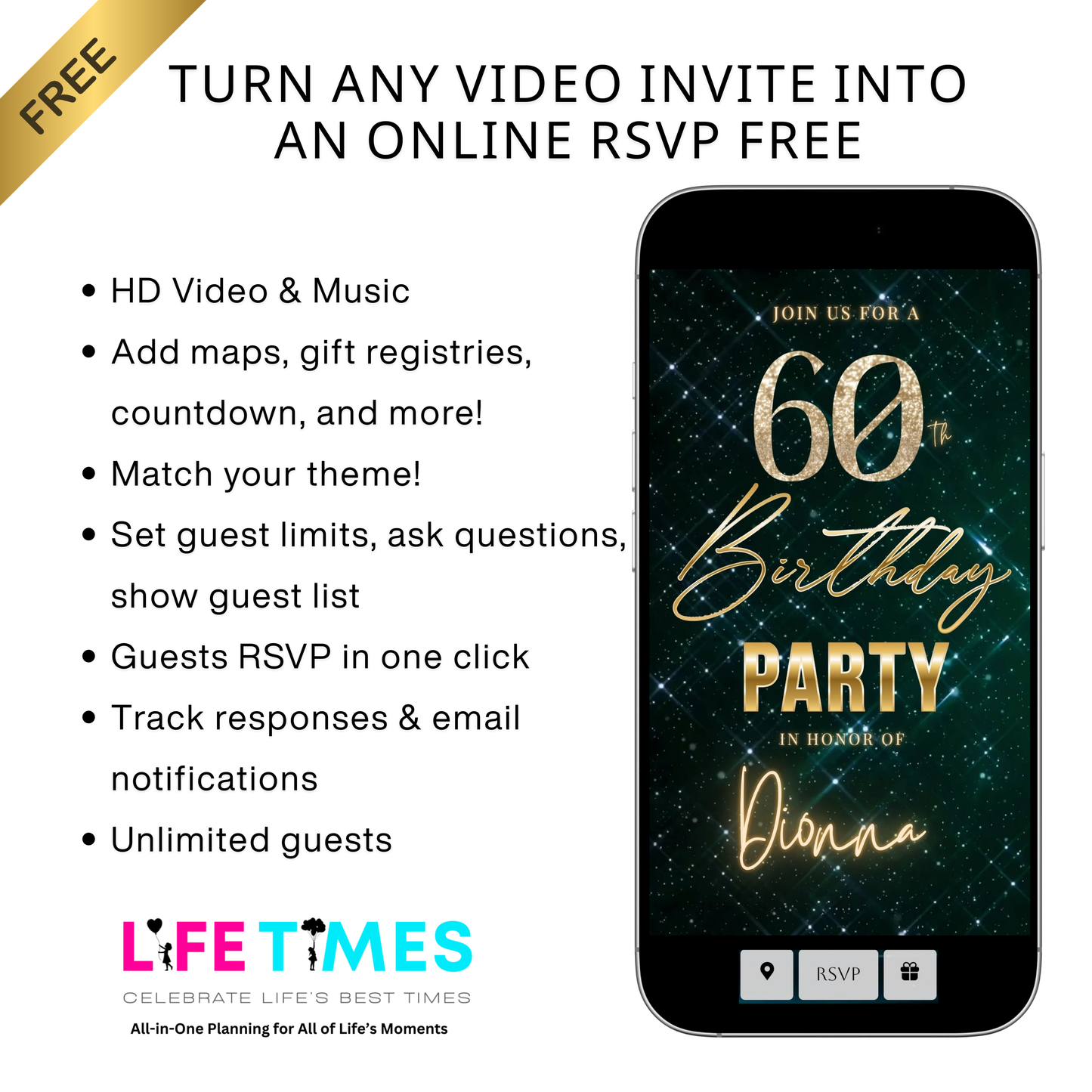 Editable teal glam 60th birthday birthday video invitation displayed on a mobile phone, featuring an animated vertical digital invite with music, created in Canva. This premium video invitation template is designed for sharing by text, email, and social media and works with an interactive RSVP website for easy guest response tracking.