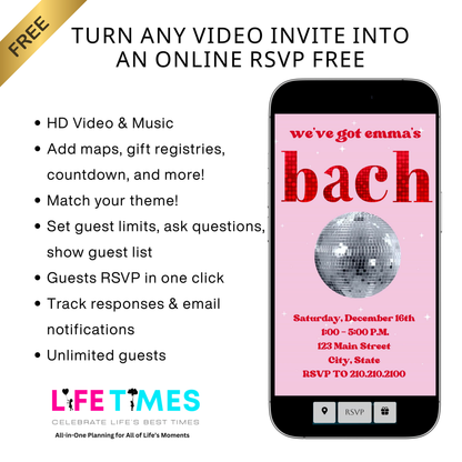 Editable disco bachelorette party party video invitation displayed on a mobile phone, featuring an animated vertical digital invite with music, created in Canva. This premium video invitation template is designed for sharing by text, email, and social media and works with an interactive RSVP website for easy guest response tracking.