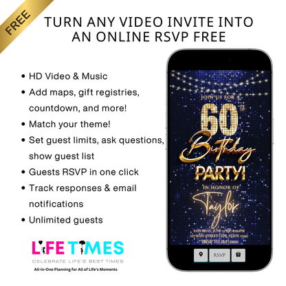 Editable navy sequin gold 60th birthday birthday video invitation displayed on a mobile phone, featuring an animated vertical digital invite with music, created in Canva. This premium video invitation template is designed for sharing by text, email, and social media and works with an interactive RSVP website for easy guest response tracking.