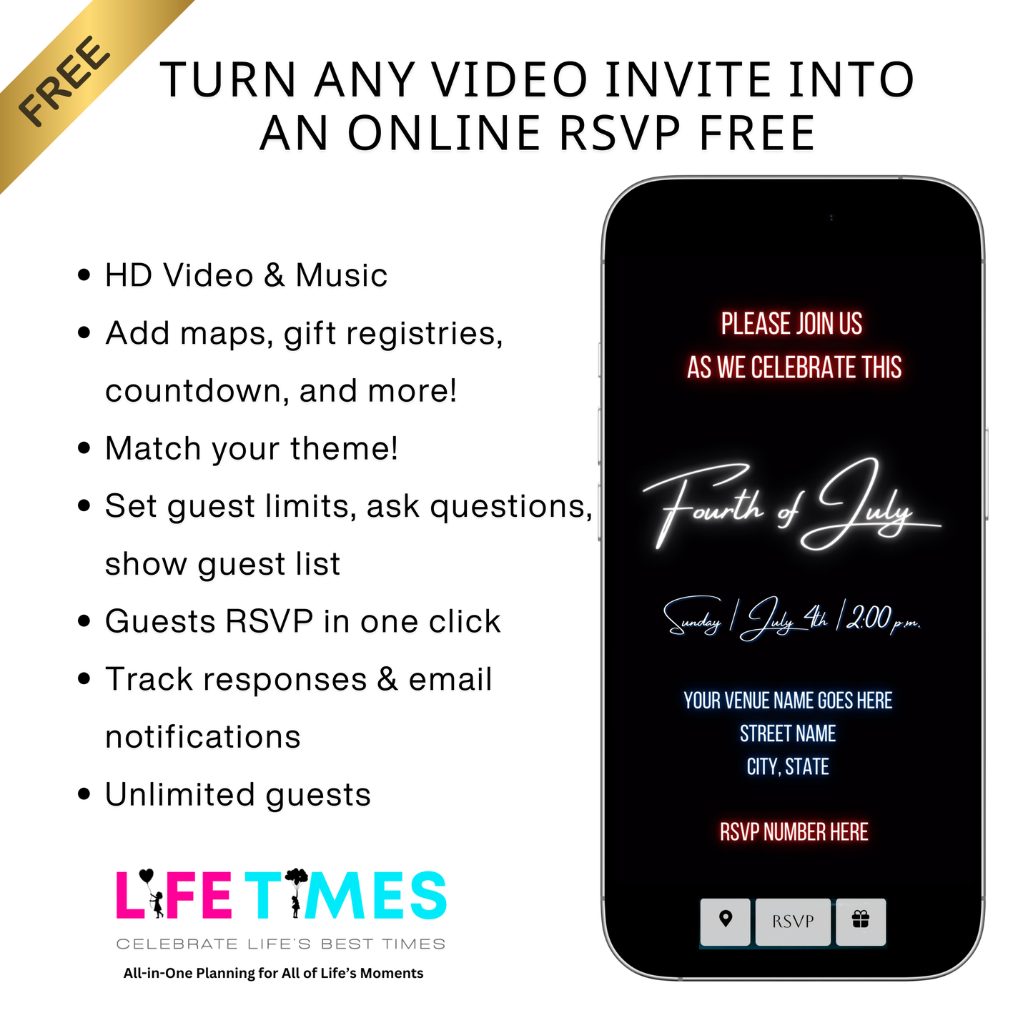 Editable neon fourth of july party party video invitation displayed on a mobile phone, featuring an animated vertical digital invite with music, created in Canva. This premium video invitation template is designed for sharing by text, email, and social media and works with an interactive RSVP website for easy guest response tracking.