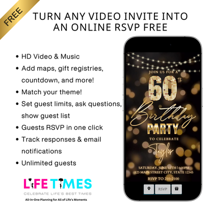 Editable gold bokeh lights 60th birthday birthday video invitation displayed on a mobile phone, featuring an animated vertical digital invite with music, created in Canva. This premium video invitation template is designed for sharing by text, email, and social media and works with an interactive RSVP website for easy guest response tracking.