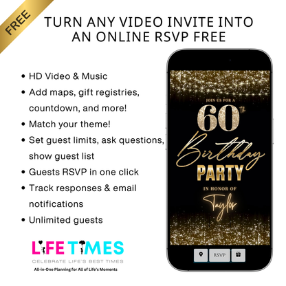 Editable gold sparkle 60th birthday birthday video invitation displayed on a mobile phone, featuring an animated vertical digital invite with music, created in Canva. This premium video invitation template is designed for sharing by text, email, and social media and works with an interactive RSVP website for easy guest response tracking.
