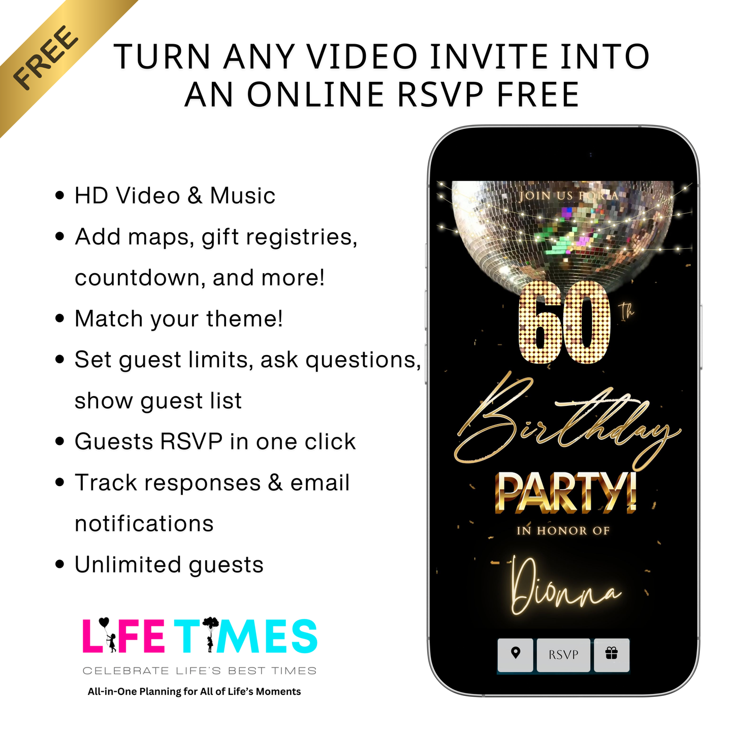 Editable disco ball gold 60th birthday birthday video invitation displayed on a mobile phone, featuring an animated vertical digital invite with music, created in Canva. This premium video invitation template is designed for sharing by text, email, and social media and works with an interactive RSVP website for easy guest response tracking.