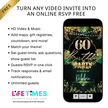 Editable safari green gold 60th birthday birthday video invitation displayed on a mobile phone, featuring an animated vertical digital invite with music, created in Canva. This premium video invitation template is designed for sharing by text, email, and social media and works with an interactive RSVP website for easy guest response tracking.