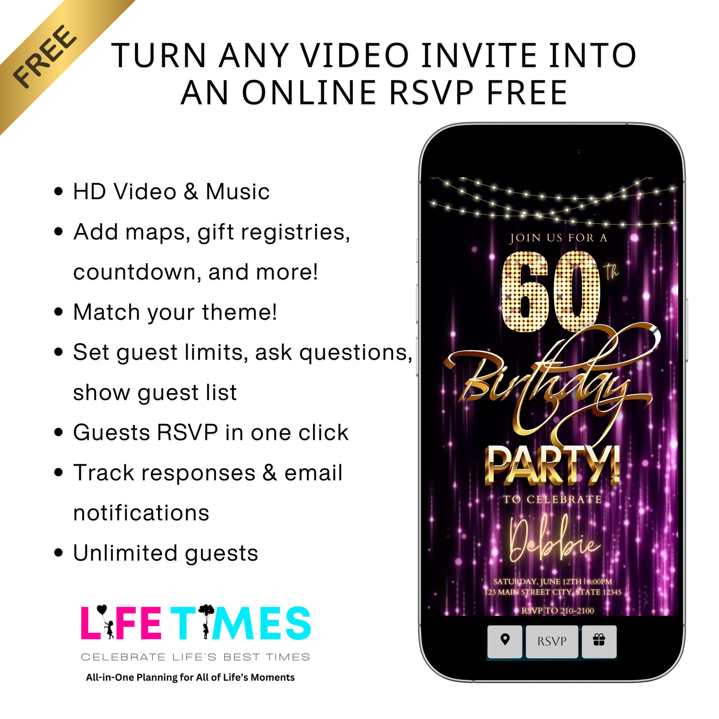 Editable purple gold glam 60th birthday birthday video invitation displayed on a mobile phone, featuring an animated vertical digital invite with music, created in Canva. This premium video invitation template is designed for sharing by text, email, and social media and works with an interactive RSVP website for easy guest response tracking.