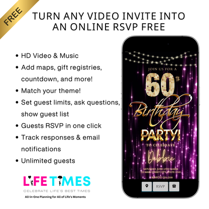 Editable purple gold glam 60th birthday birthday video invitation displayed on a mobile phone, featuring an animated vertical digital invite with music, created in Canva. This premium video invitation template is designed for sharing by text, email, and social media and works with an interactive RSVP website for easy guest response tracking.