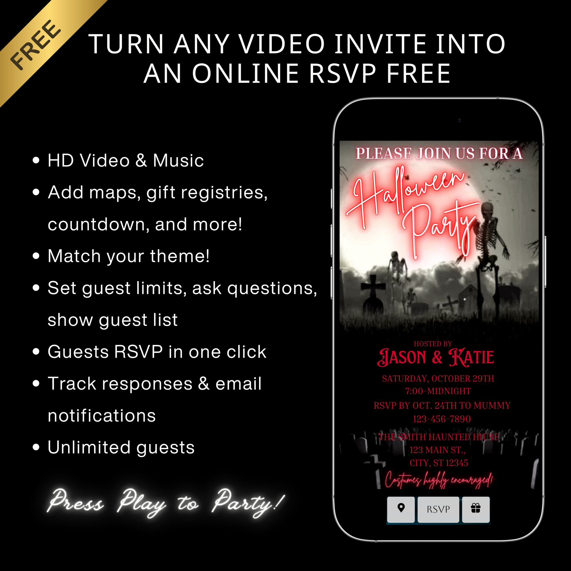 Editable graveyard halloween party party video invitation displayed on a mobile phone, featuring an animated vertical digital invite with music, created in Canva. This premium video invitation template is designed for sharing by text, email, and social media and works with an interactive RSVP website for easy guest response tracking.