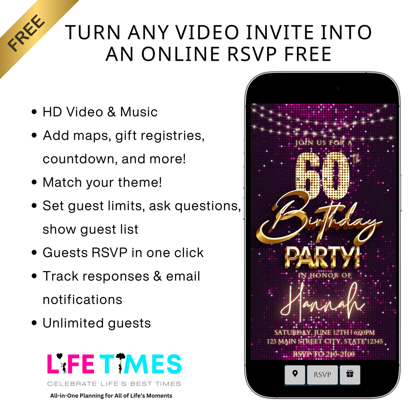 Editable violet sequin gold 60th birthday birthday video invitation displayed on a mobile phone, featuring an animated vertical digital invite with music, created in Canva. This premium video invitation template is designed for sharing by text, email, and social media and works with an interactive RSVP website for easy guest response tracking.