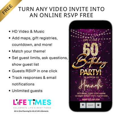 Editable violet sequin gold 60th birthday birthday video invitation displayed on a mobile phone, featuring an animated vertical digital invite with music, created in Canva. This premium video invitation template is designed for sharing by text, email, and social media and works with an interactive RSVP website for easy guest response tracking.