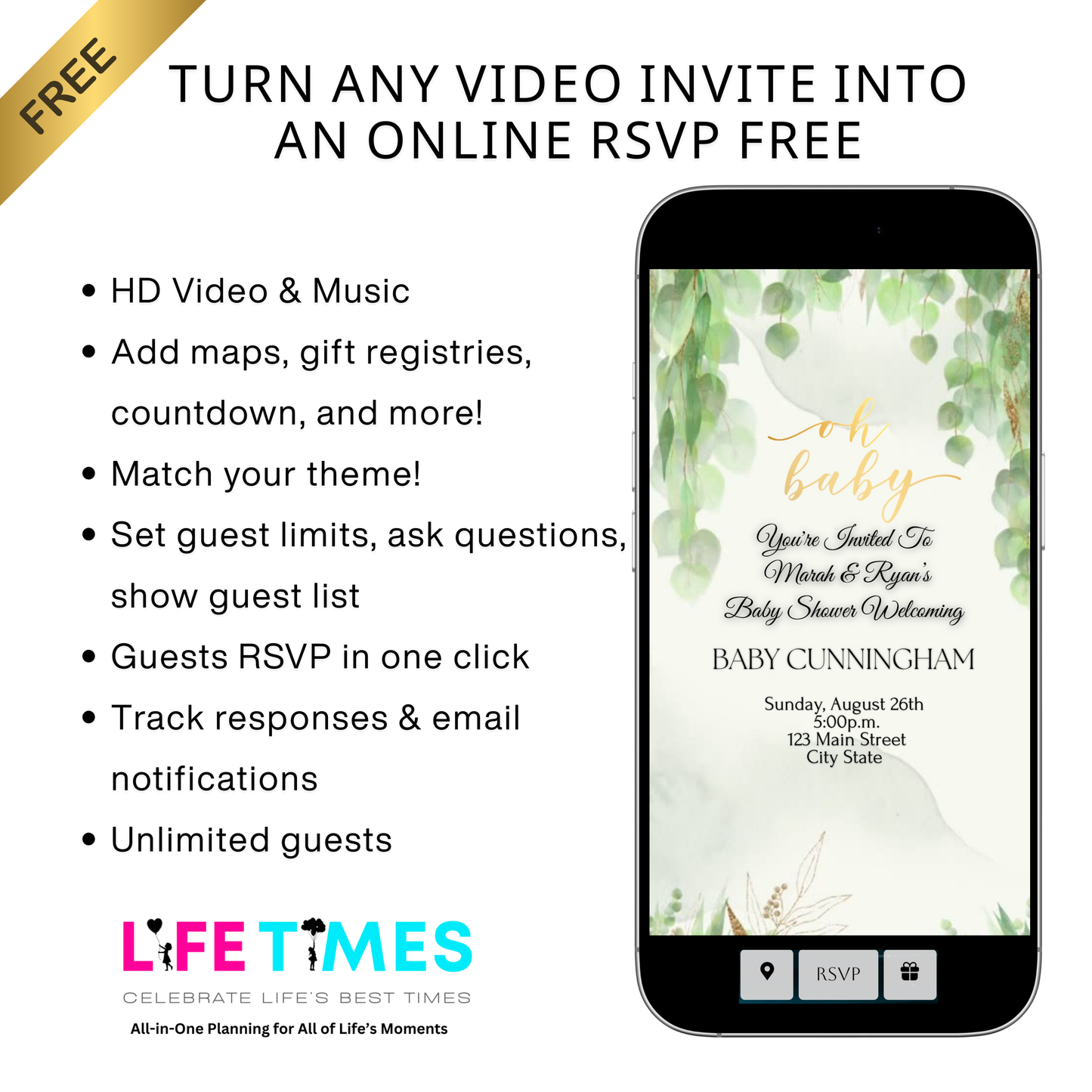 Editable greenery baby shower baby shower video invitation displayed on a mobile phone, featuring an animated vertical digital invite with music, created in Canva. This premium video invitation template is designed for sharing by text, email, and social media and works with an interactive RSVP website for easy guest response tracking.