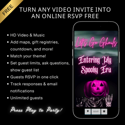 Editable pink spooky halloween party party video invitation displayed on a mobile phone, featuring an animated vertical digital invite with music, created in Canva. This premium video invitation template is designed for sharing by text, email, and social media and works with an interactive RSVP website for easy guest response tracking.