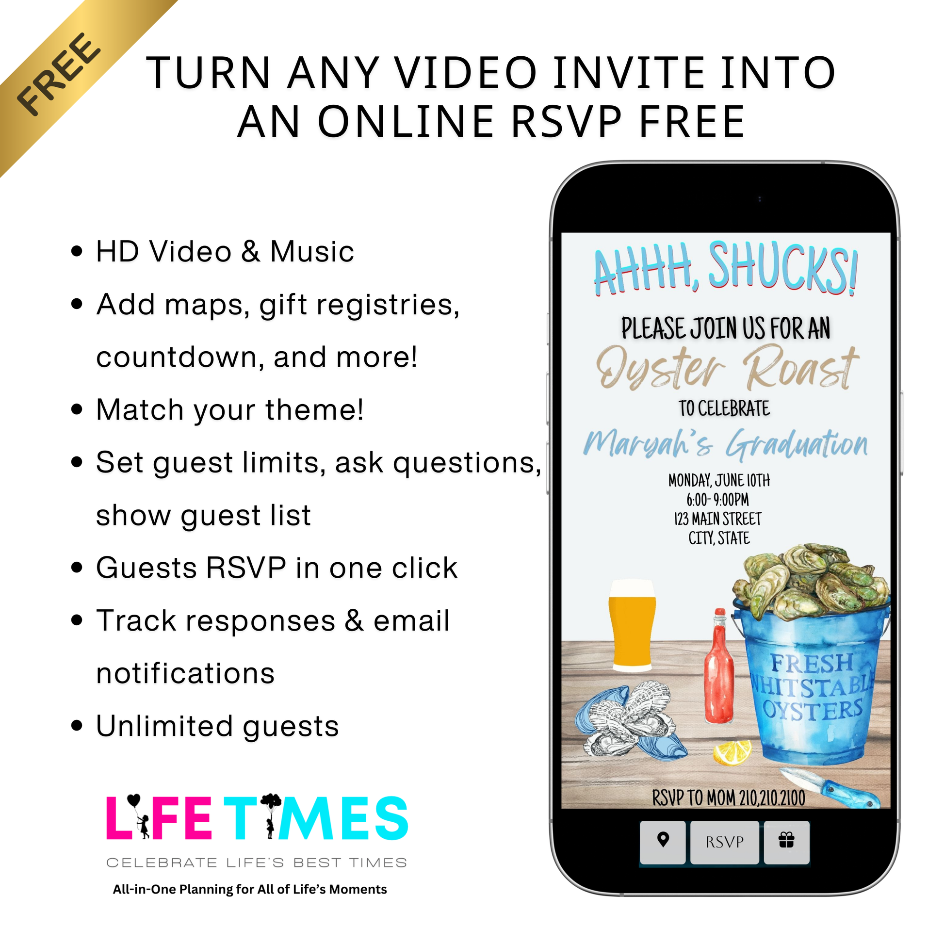 Editable oyster roast graduation party graduation video invitation displayed on a mobile phone, featuring an animated vertical digital invite with music, created in Canva. This premium video invitation template is designed for sharing by text, email, and social media and works with an interactive RSVP website for easy guest response tracking.