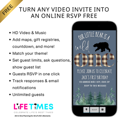 Editable wild one bear birthday birthday video invitation displayed on a mobile phone, featuring an animated vertical digital invite with music, created in Canva. This premium video invitation template is designed for sharing by text, email, and social media and works with an interactive RSVP website for easy guest response tracking.