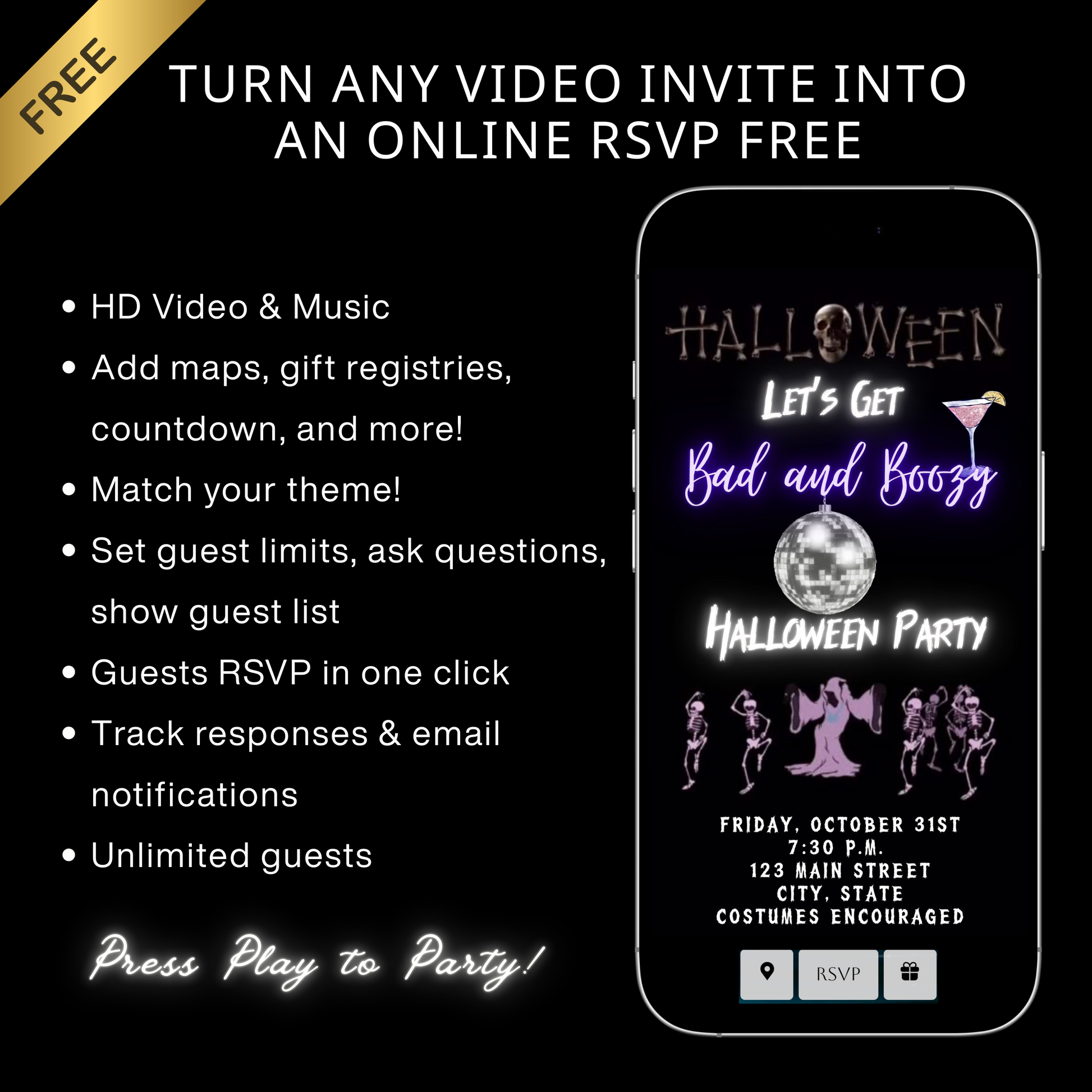 Editable neon boozy halloween party party video invitation displayed on a mobile phone, featuring an animated vertical digital invite with music, created in Canva. This premium video invitation template is designed for sharing by text, email, and social media and works with an interactive RSVP website for easy guest response tracking.