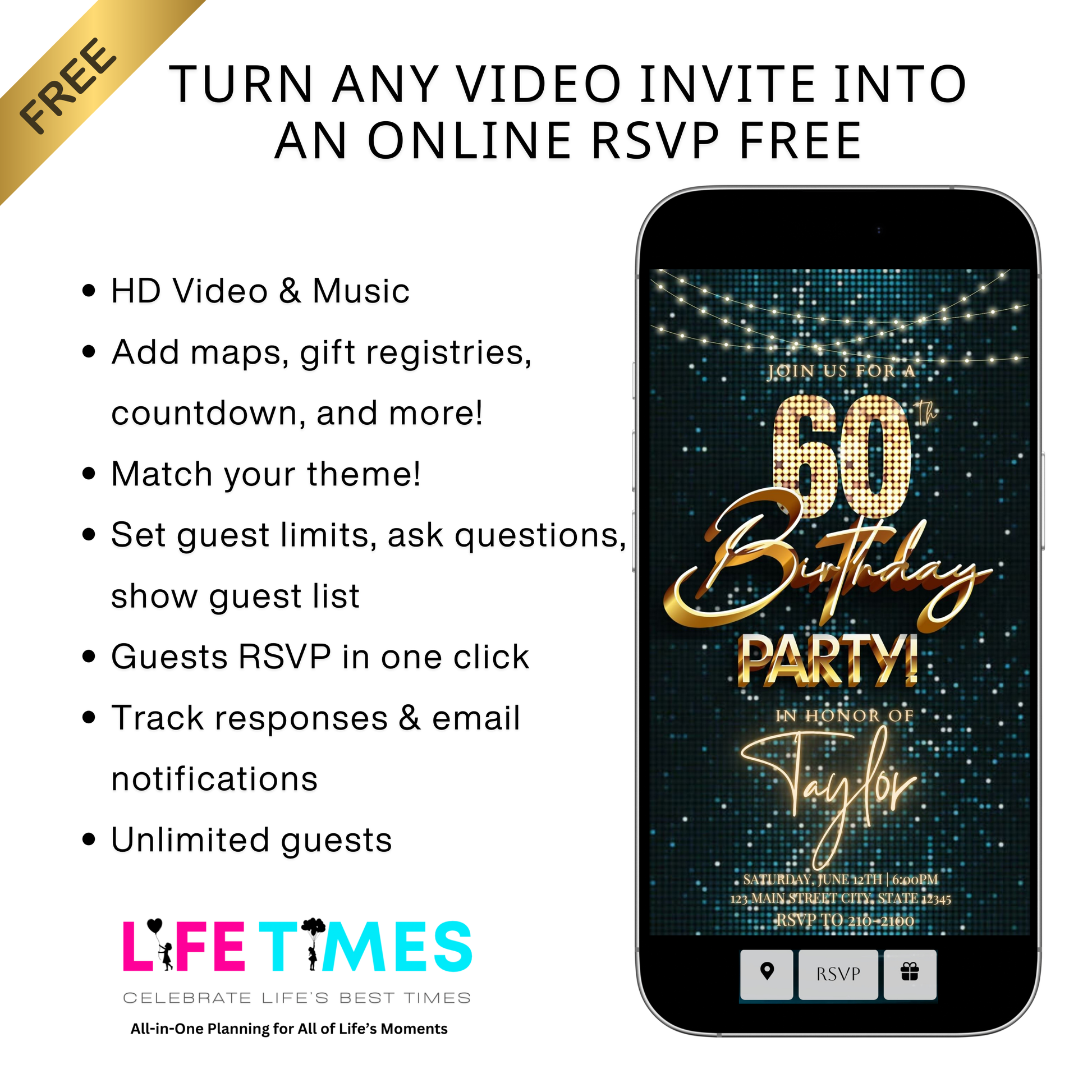 Editable teal gold disco 60th birthday birthday video invitation displayed on a mobile phone, featuring an animated vertical digital invite with music, created in Canva. This premium video invitation template is designed for sharing by text, email, and social media and works with an interactive RSVP website for easy guest response tracking.