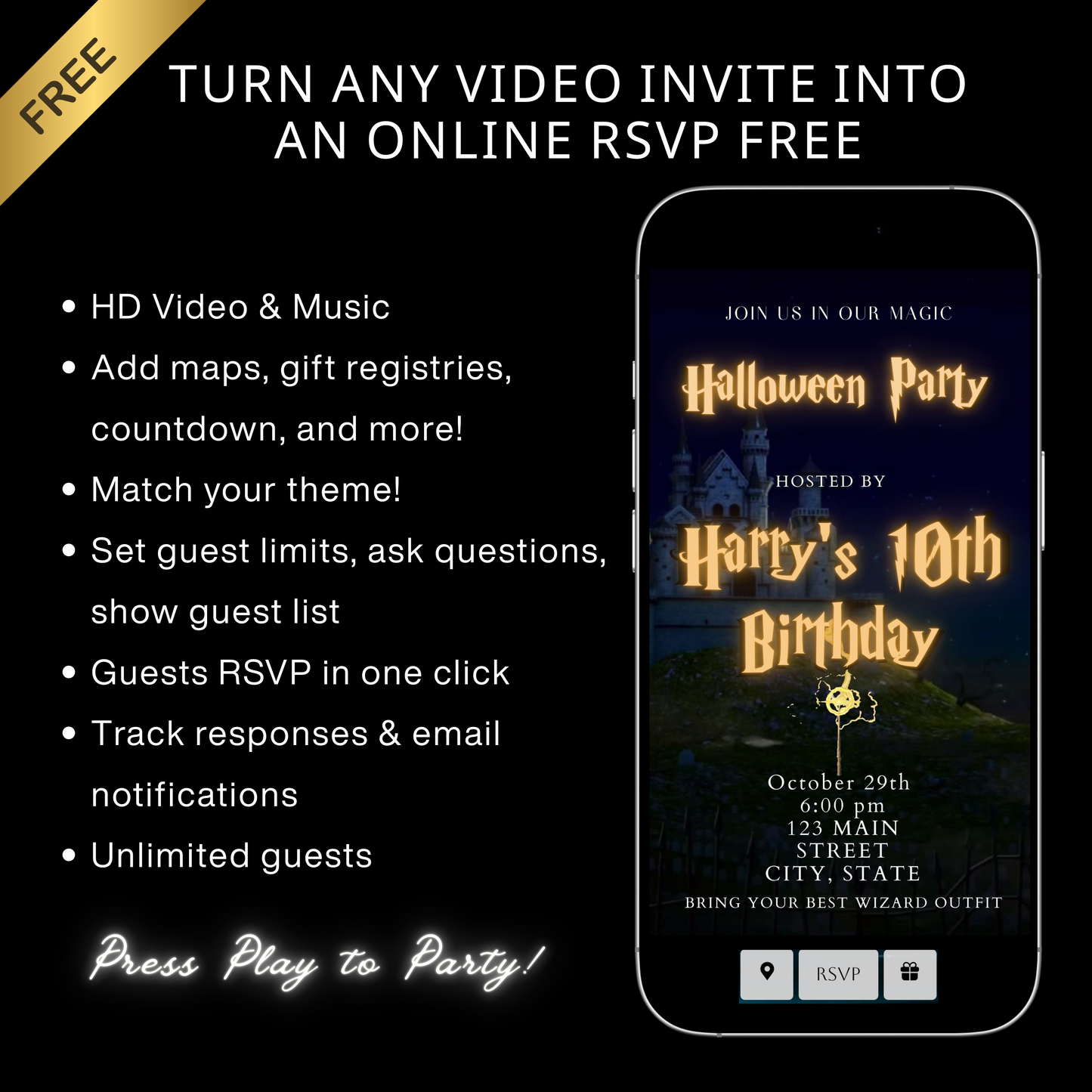 Editable wizard halloween birthday birthday video invitation displayed on a mobile phone, featuring an animated vertical digital invite with music, created in Canva. This premium video invitation template is designed for sharing by text, email, and social media and works with an interactive RSVP website for easy guest response tracking.