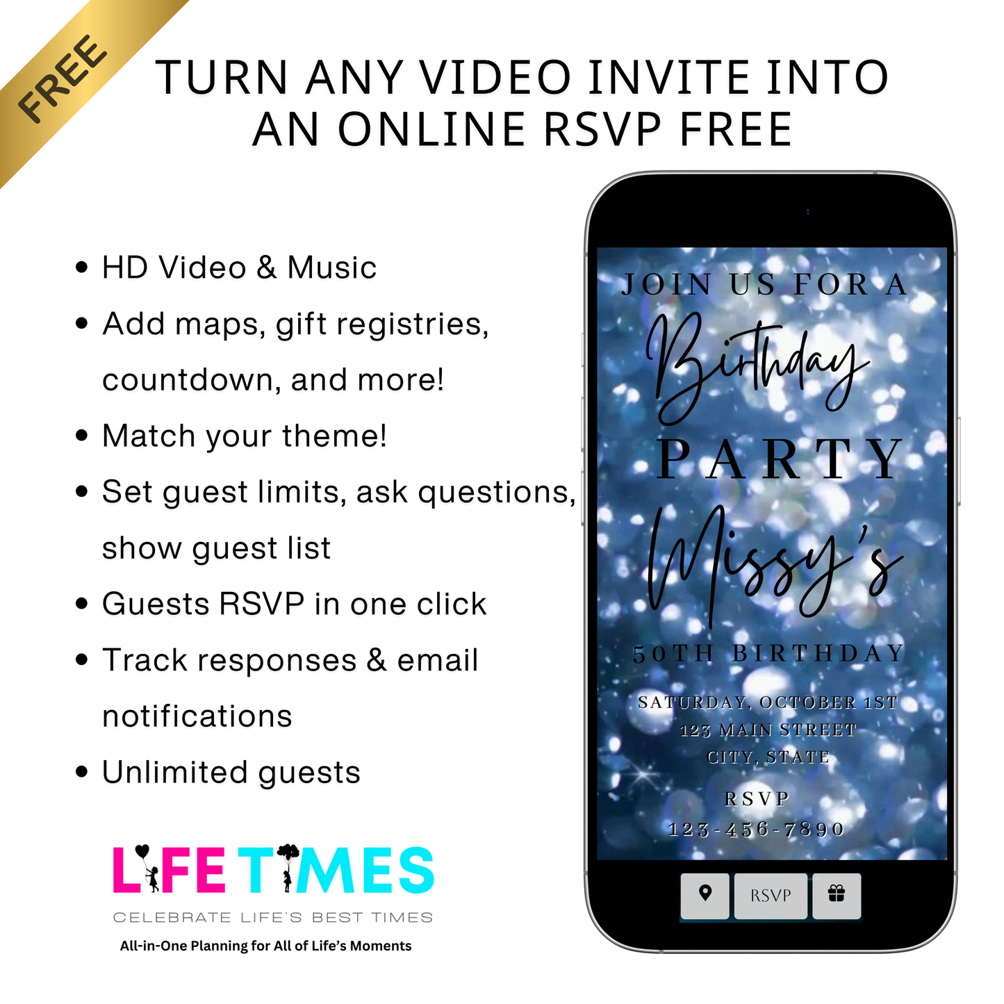 Editable blue bokeh 50th birthday birthday video invitation displayed on a mobile phone, featuring an animated vertical digital invite with music, created in Canva. This premium video invitation template is designed for sharing by text, email, and social media and works with an interactive RSVP website for easy guest response tracking.