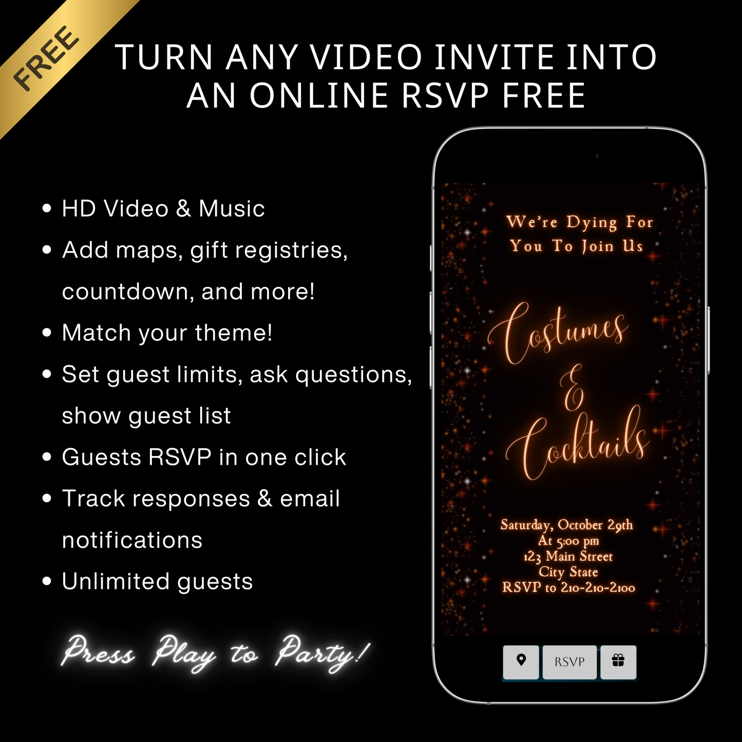 Editable sparkle halloween party party video invitation displayed on a mobile phone, featuring an animated vertical digital invite with music, created in Canva. This premium video invitation template is designed for sharing by text, email, and social media and works with an interactive RSVP website for easy guest response tracking.