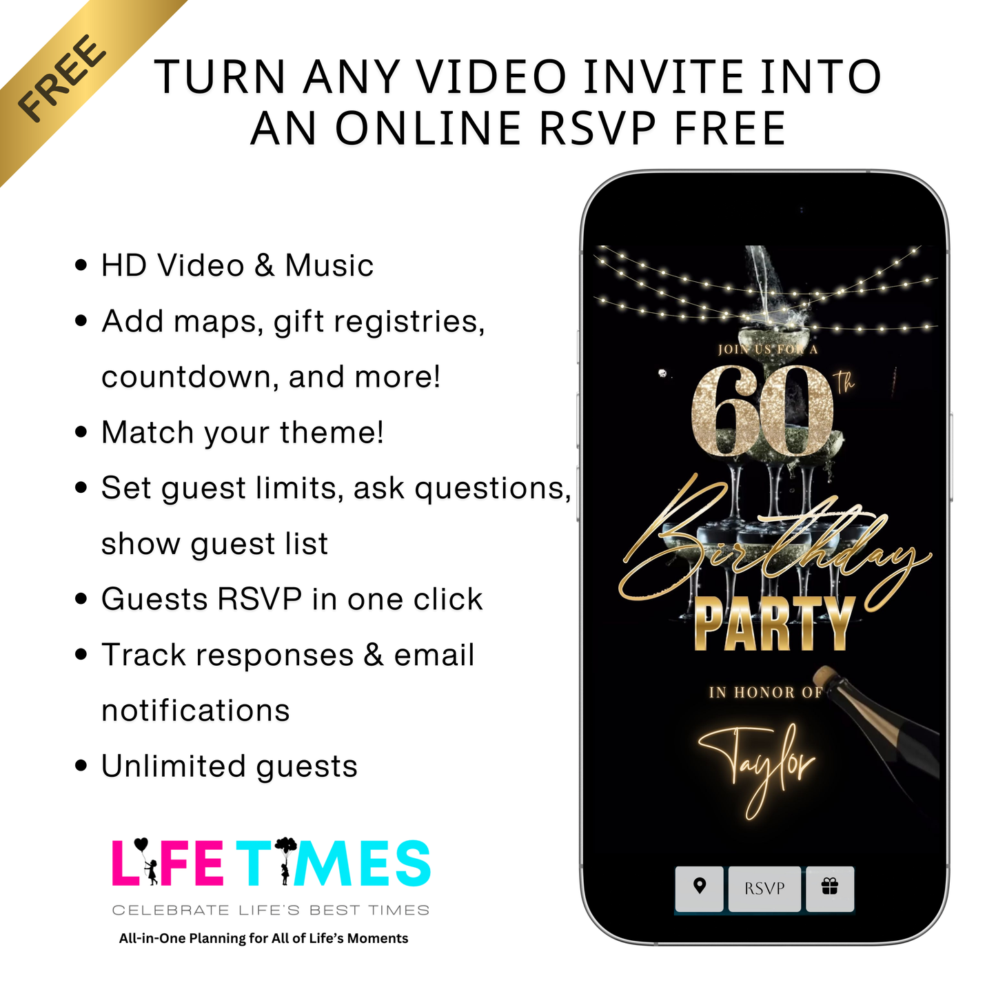 Editable luxury gold champagne 60th birthday birthday video invitation displayed on a mobile phone, featuring an animated vertical digital invite with music, created in Canva. This premium video invitation template is designed for sharing by text, email, and social media and works with an interactive RSVP website for easy guest response tracking.
