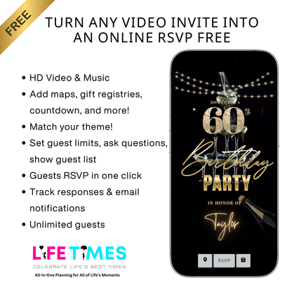Editable luxury gold champagne 60th birthday birthday video invitation displayed on a mobile phone, featuring an animated vertical digital invite with music, created in Canva. This premium video invitation template is designed for sharing by text, email, and social media and works with an interactive RSVP website for easy guest response tracking.