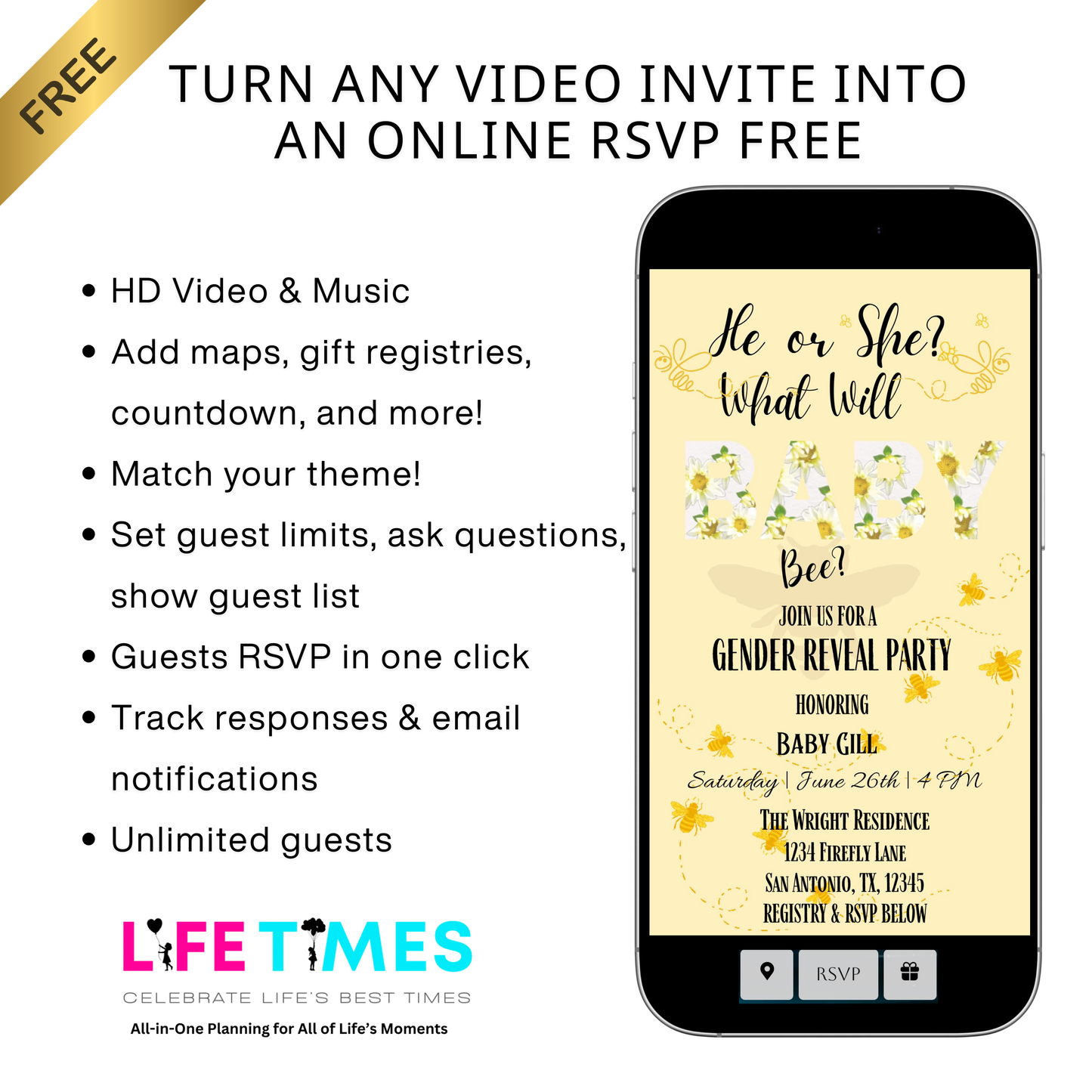 Editable bee gender reveal party party video invitation displayed on a mobile phone, featuring an animated vertical digital invite with music, created in Canva. This premium video invitation template is designed for sharing by text, email, and social media and works with an interactive RSVP website for easy guest response tracking.