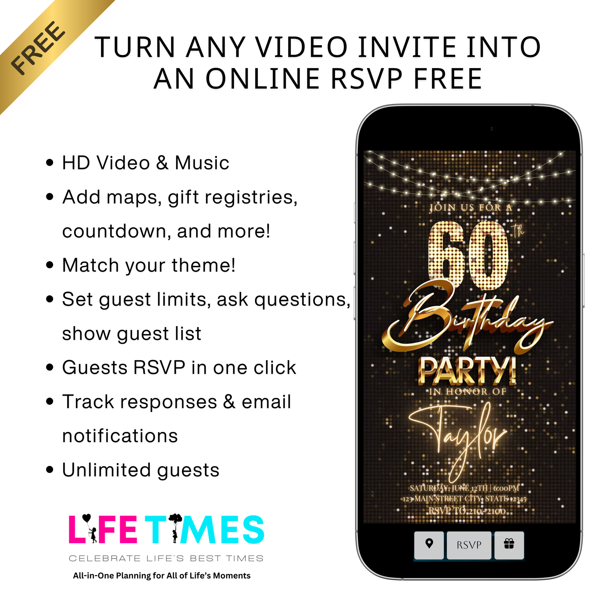 Editable gold party lights 60th birthday birthday video invitation displayed on a mobile phone, featuring an animated vertical digital invite with music, created in Canva. This premium video invitation template is designed for sharing by text, email, and social media and works with an interactive RSVP website for easy guest response tracking.