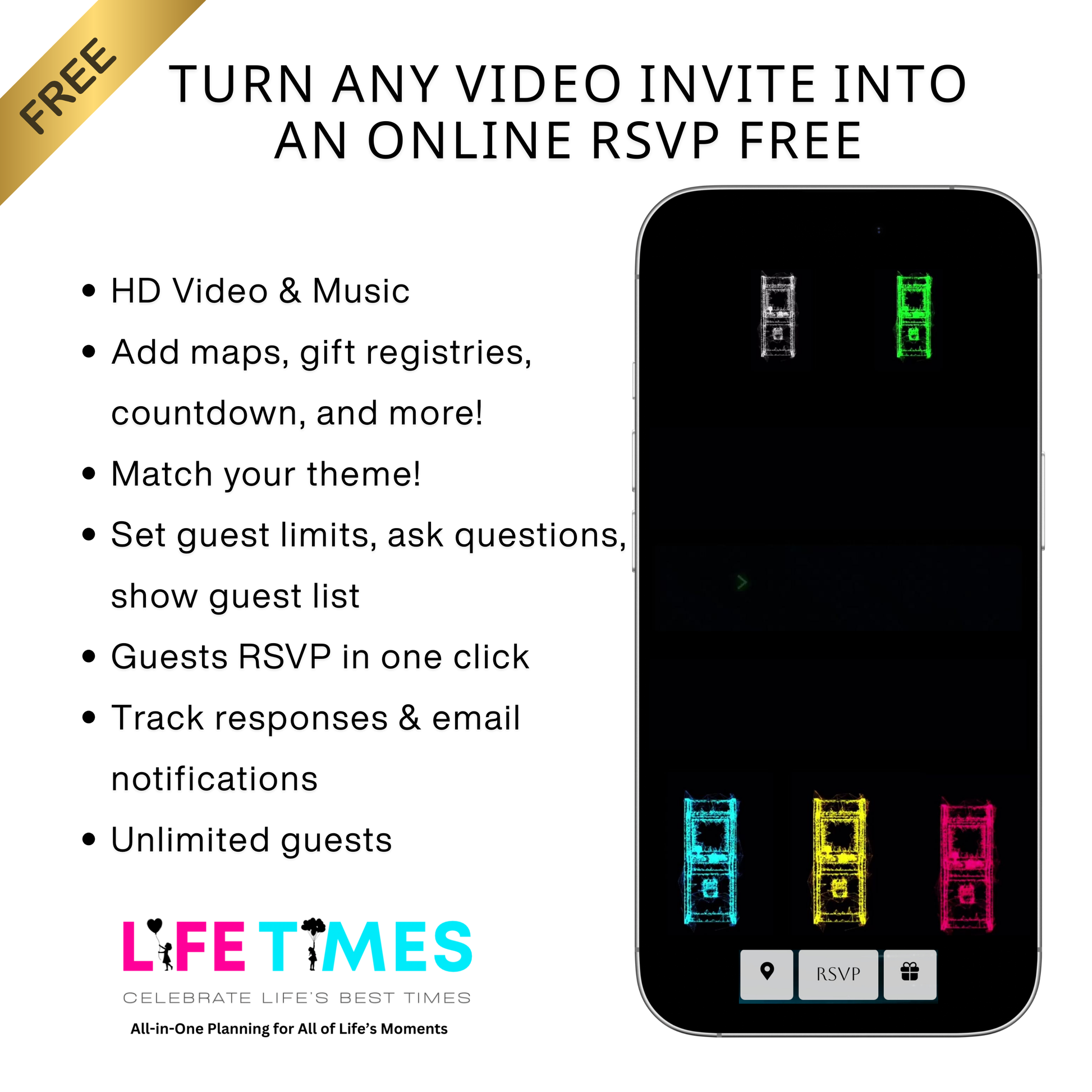 Editable arcade video game 6th birthday birthday video invitation displayed on a mobile phone, featuring an animated vertical digital invite with music, created in Canva. This premium video invitation template is designed for sharing by text, email, and social media and works with an interactive RSVP website for easy guest response tracking.
