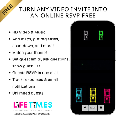 Editable arcade video game 6th birthday birthday video invitation displayed on a mobile phone, featuring an animated vertical digital invite with music, created in Canva. This premium video invitation template is designed for sharing by text, email, and social media and works with an interactive RSVP website for easy guest response tracking.