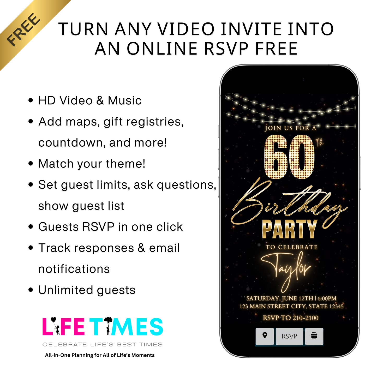 Editable black gold starry 60th birthday birthday video invitation displayed on a mobile phone, featuring an animated vertical digital invite with music, created in Canva. This premium video invitation template is designed for sharing by text, email, and social media and works with an interactive RSVP website for easy guest response tracking.